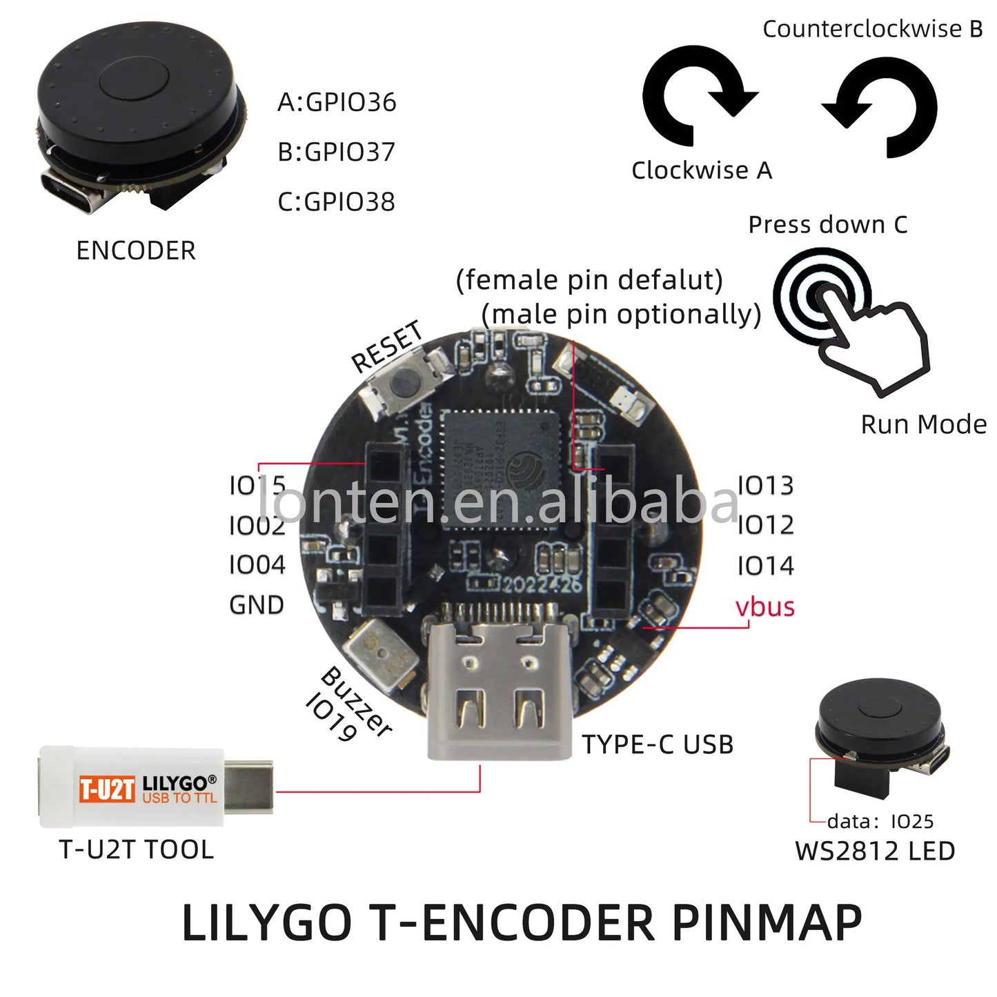 Custom TTGO T-Encoder ESP32 Wireless Module RGB LED Ring Encoder T-U2T Downloader WiFi BT Programming Development Board Manufacturer