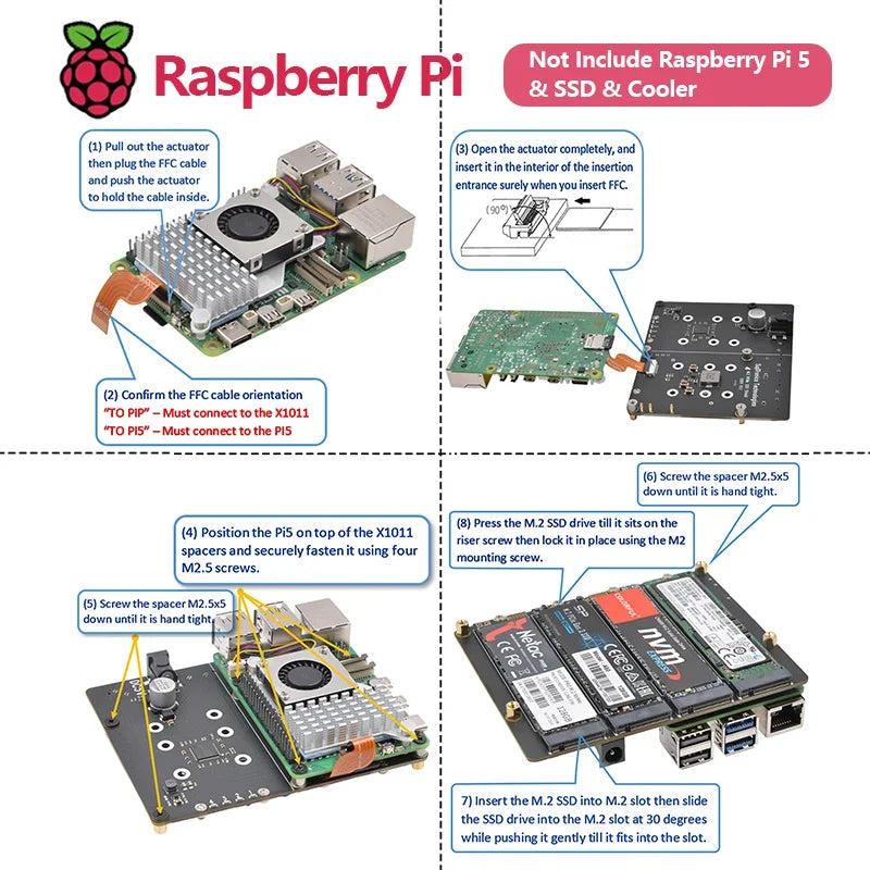 Custom X1011 PCIe To NVMe Shield Support Four 2280/2260/2242/2230 M.2 NVMe SSDs for Raspberry Pi 5 Custom