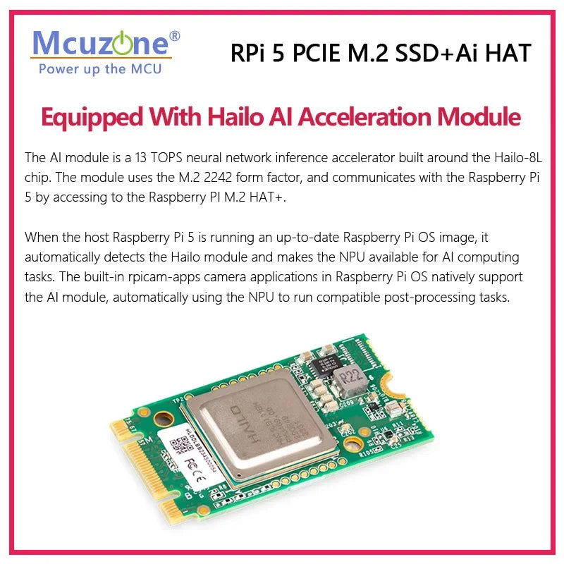MPSAI Raspberry Pi 5 PCIE M.2 SSD+Ai HAT Support 2230/2242/2280 Size NVME SSD HAILO AI Custom OEM Robotics