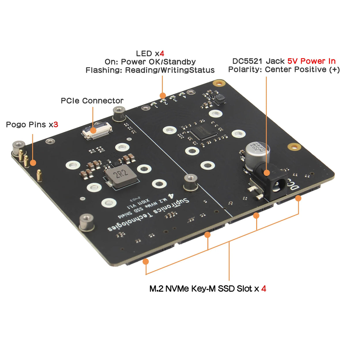 X1011 PCIe to NVMe Shield support four M.2 NVMe SSDs for Raspberry Pi 5
