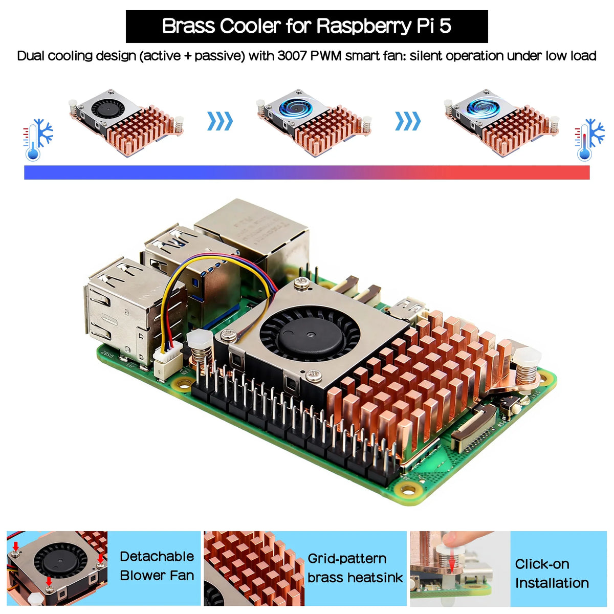 Raspberry Pi 5 Active Cooler H510 Brass Cooler with PWM Cooling Fan