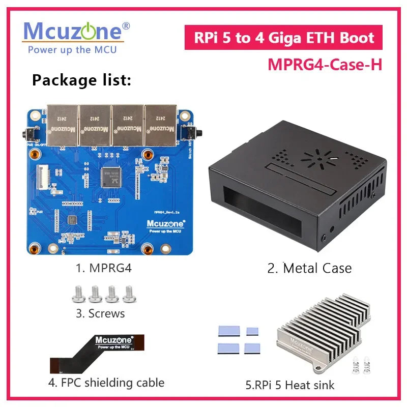 MPRG4-Case, Raspberry Pi 5 PCIE To 4xGiga Ethernet Boot, Driver Free with RPi OS and Openwrt Custom