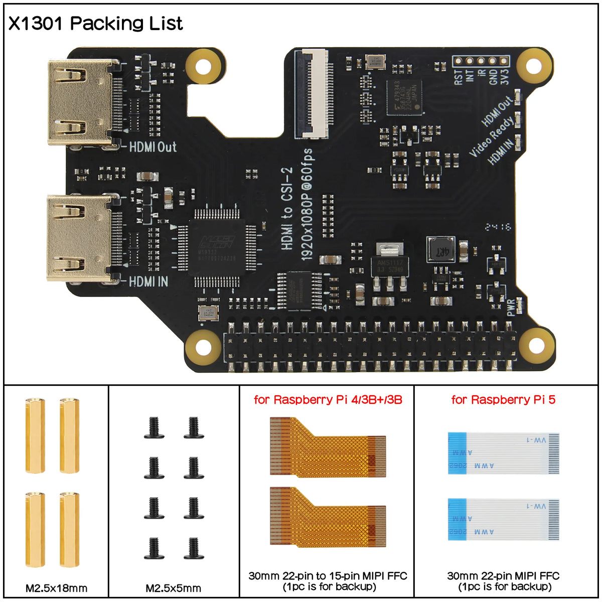 Custom  X1301 HD to CSI-2 Shield for Raspberry Pi 5/4B/3B+/3B