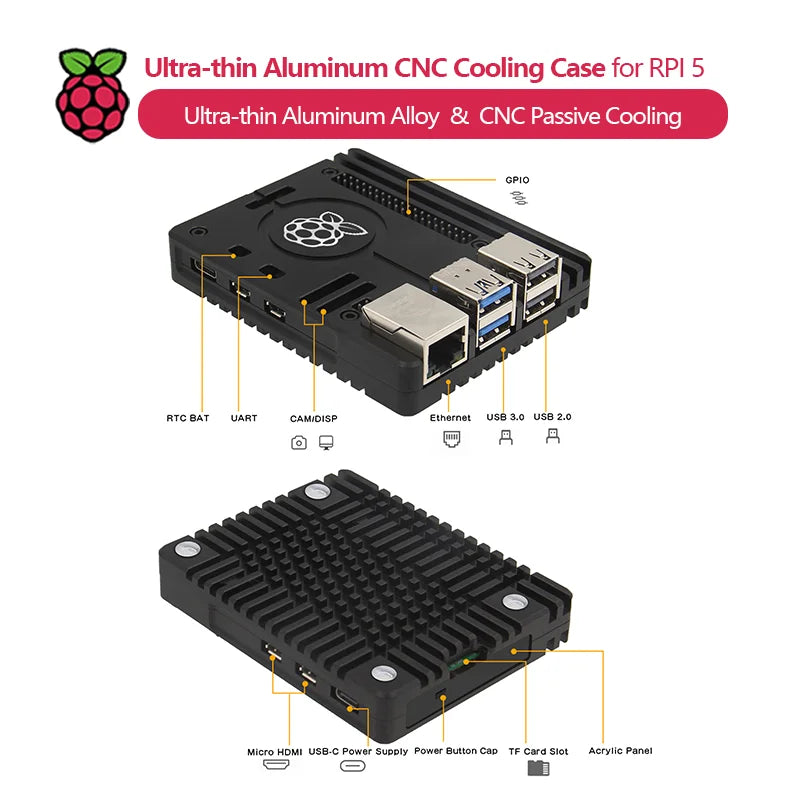 Ultra-thin Aluminum Alloy CNC Passive Cooling Protective Case for Protection Cooling Compatible Raspberry Pi 5 N310/N311