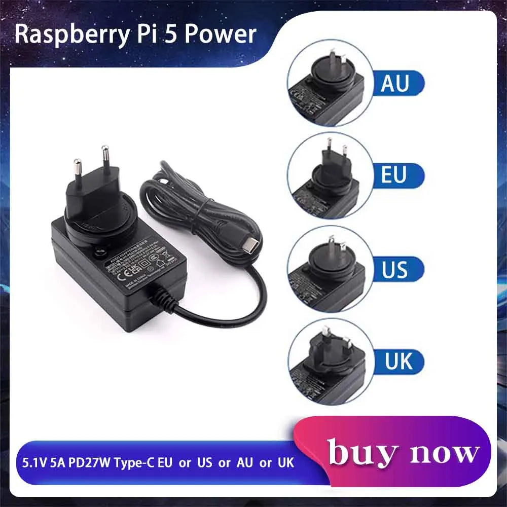 Geekdiytime Raspberry Pi 5 Power Supply PD 27W 5.1V 5A USB Type-C Power Adapter EU/US/UK Plug Black for RPI 5