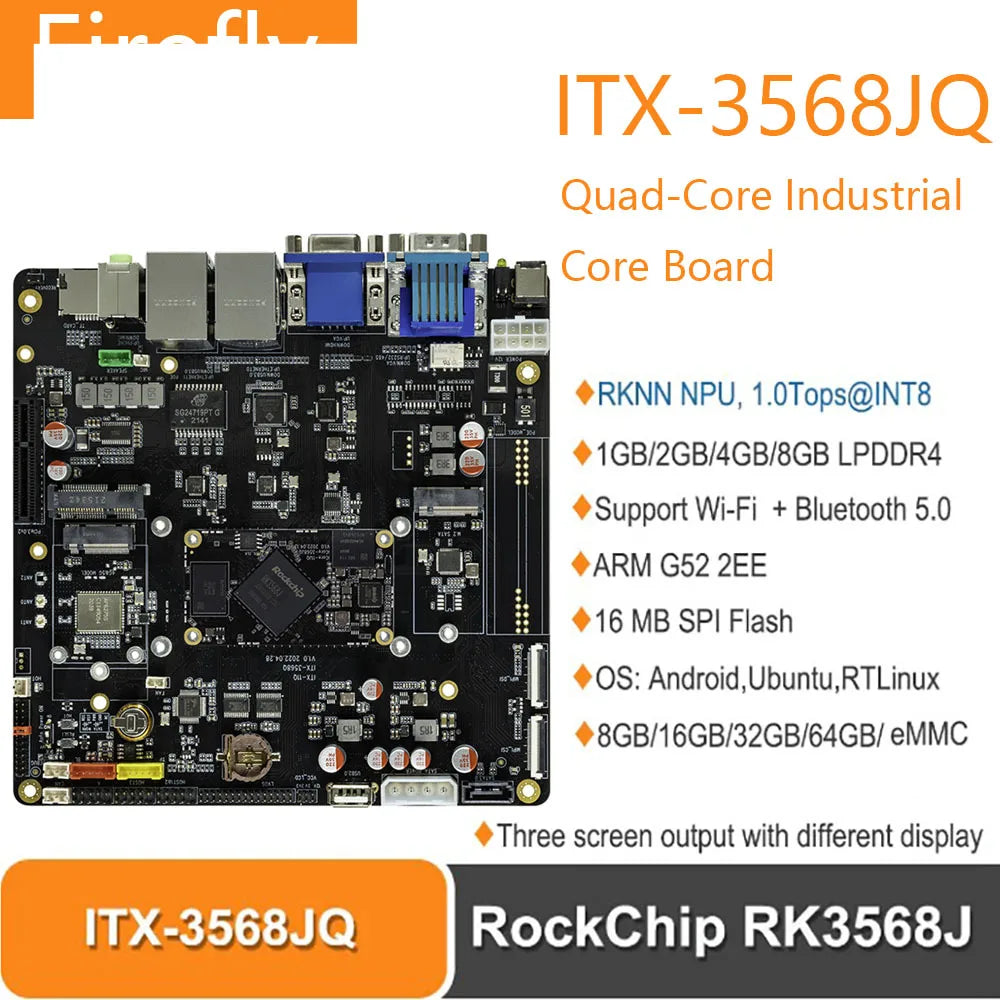 Custom Firefly ITX-3568JQ Quad-core ITX Mainboard RockChip RK3568J RKNN NPU 1.0Tops 8M ISP ARM G52 2EE Support Android,Ubuntu ,RTLinux Manufacturer