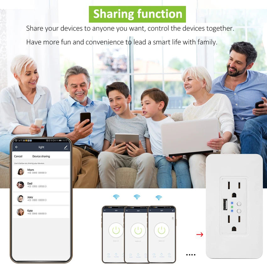 Custom Wifi Wall Power Electric Socket 2 USB Outlets Plug Timer Socket US Standard Smart Remote Control Work with Alexa Google Home Manufacturer
