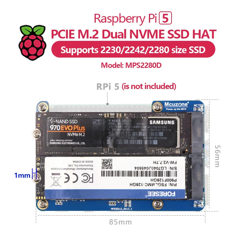 MPS2280D Raspberry Pi 5 PCIe M.2 Dual NVME SSD HAT Supporting 2280/2242/2230 SSD