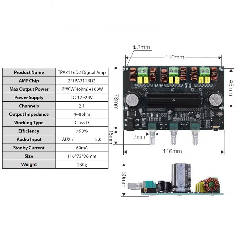 5.0 2*80W+100W TPA3116D2 Audio Power Amplifier Board 2.1 Channel TPA3116 Stereo Subwoofer Equalizer AUX Class D Amp