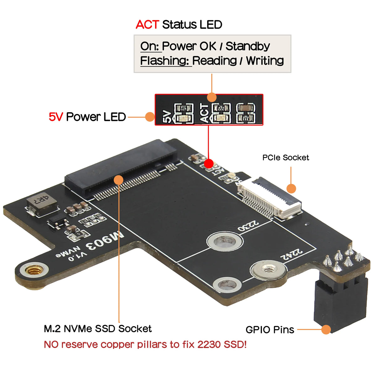 Custom  M903 Pcie M.2 NVMe SSD 2242 Board for Raspberry Pi 5