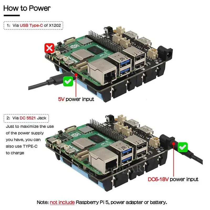Raspberry Pi 5 UPS Expansion Board Uninterruptible Power Supply 5V 5A USB Type-C X1202 for 18650-Li-Battery (NO)