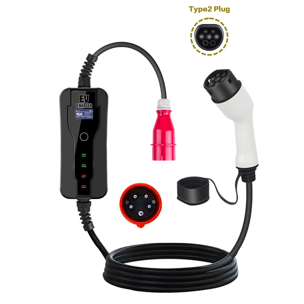 Custom 11KW 16A Portable EV Charger Type2 Adjustable Current Reservation Time Charging Box CEE Plug IEC62196-2 Electric Vehicle Charger Manufacturer