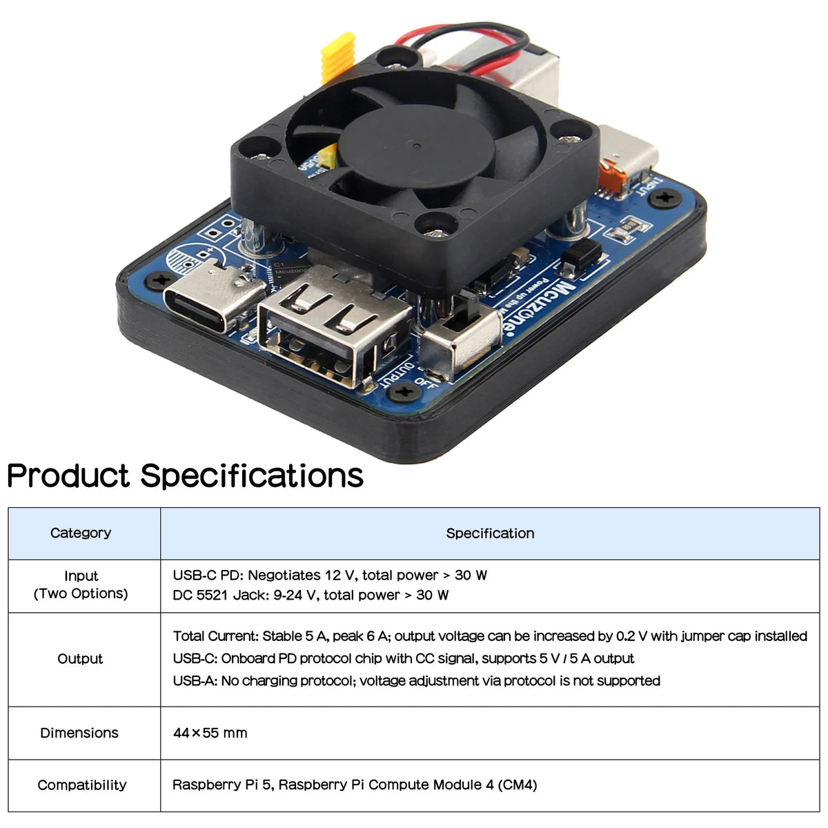 Dual PD Power Module for Raspberry Pi 5, 9-24V DC / PD USB-C 12V Input, 5V 5A USB-C & USB-A Dual Output