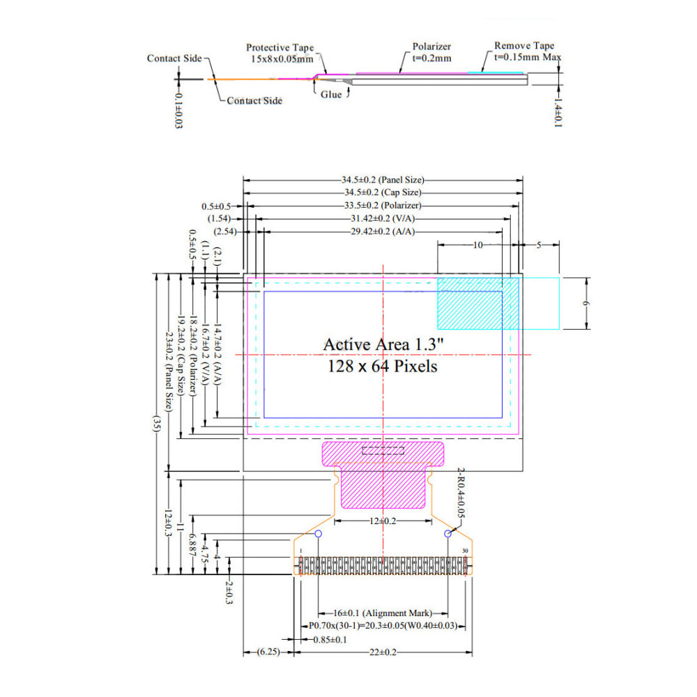 LONTEN 1.3 inch 128*64 OLED screen 12864 LCD white screen 30pin SH1106G screens Custom