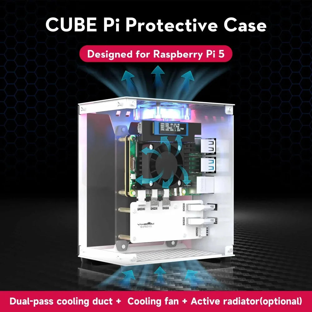 Custom Electronic Shell Supported Raspberry Pi 5 with RGB Cooling Fan 0.96 Screen Display and M.2 SSD RGB Color Light