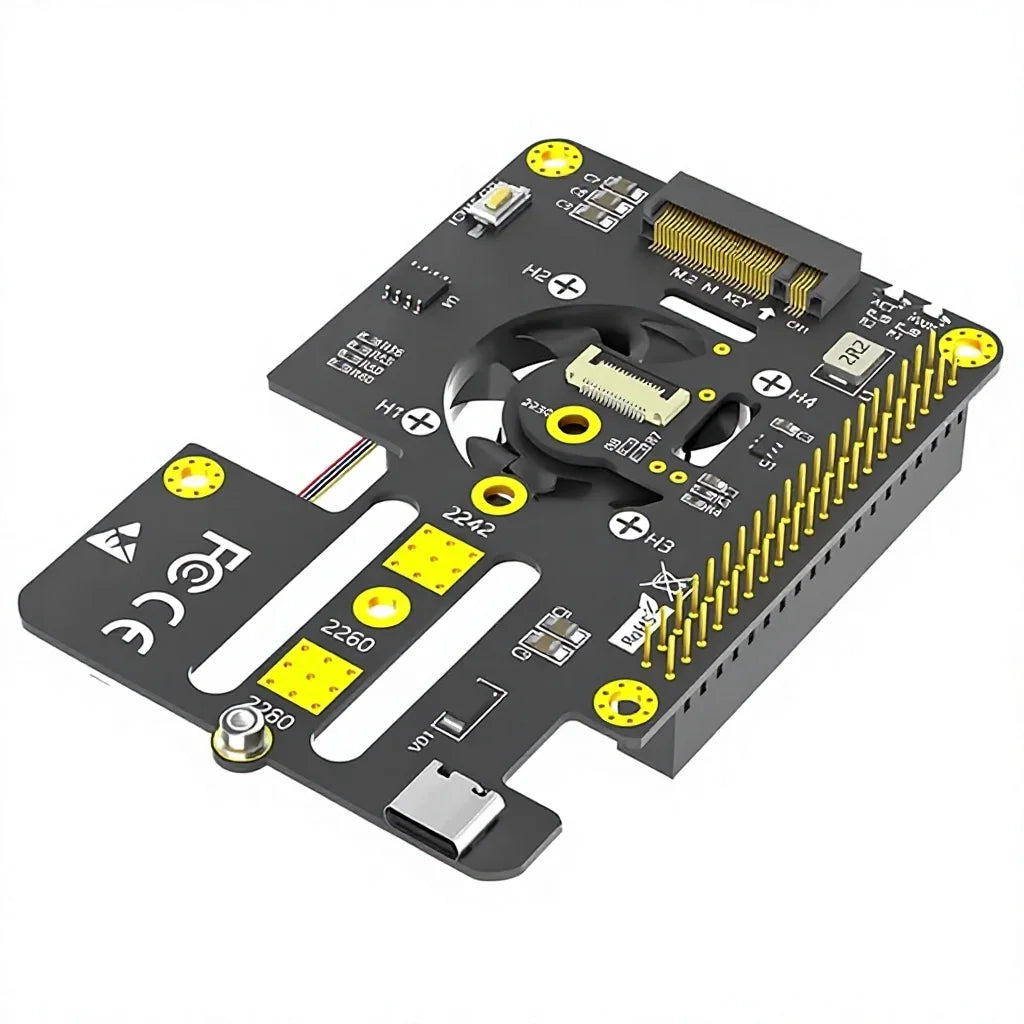 Raspberry Pi 5 PCIe to M.2 SSD Interface HAT NVMe 2280-2242 2230 3in1 Board with Fan Automatic Discoloration LED