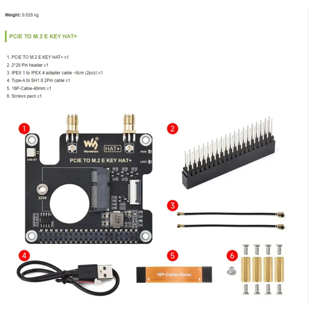 PCIe To M.2 E KEY HAT for Raspberry Pi 5,Compatible With NGFF (M.2 E Key) Wireless NIC,Supports USB BT Connection