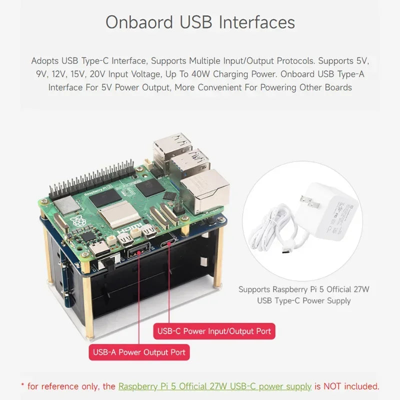 Raspberry Pi 5 UPS HAT (E) 5V 6A Uninterruptible Power Supply Supports 4x21700 Li Batteries (Not Included) Pogo Pins Connector