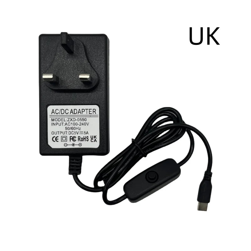 Raspberry Pi 5 5.1V 5A PD 27W USB-C Charger with EU/US/UK Plug for Raspberry Pi 5/4B