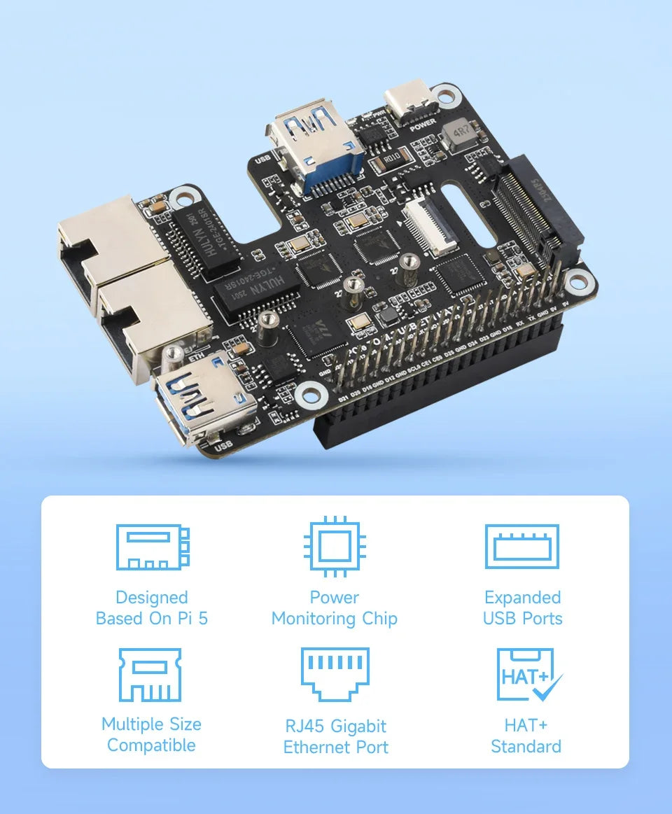 Raspberry Pi 5 PCIe to USB3 HUB Double 2.5G ETH RJ45 and M.2 NVMe SSD PI5 Expansion board HAT+