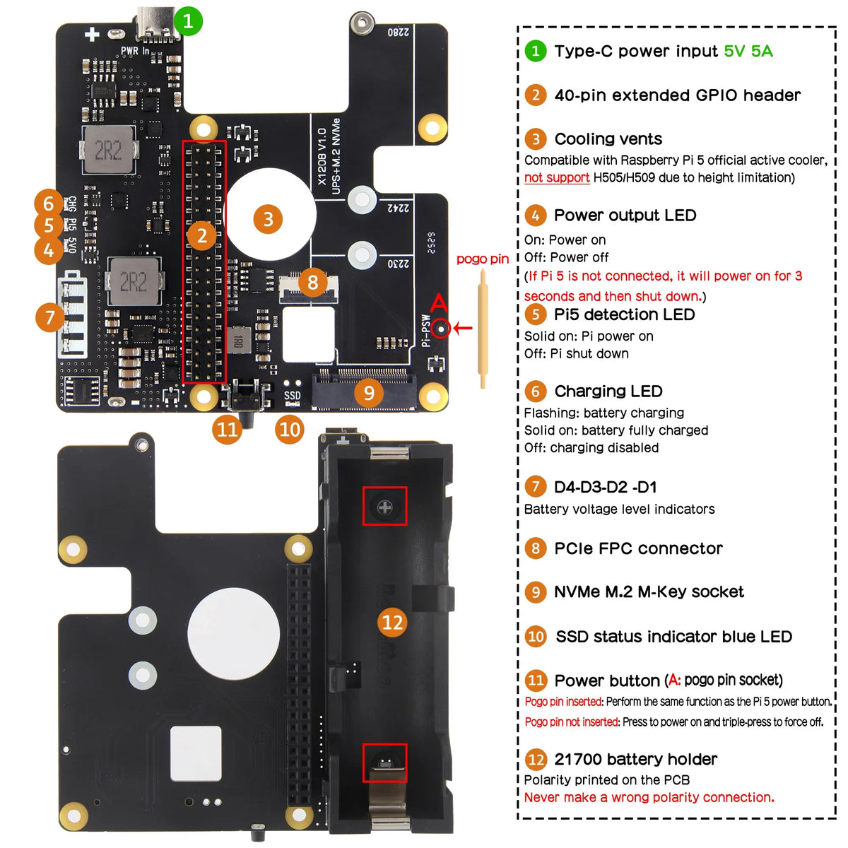 X1208 V1.0 UPS M.2 NVMe Hat Power Management Board for Raspberry Pi 5 Supports 1 Cell 21700 Battery & M.2 NVMe SSD