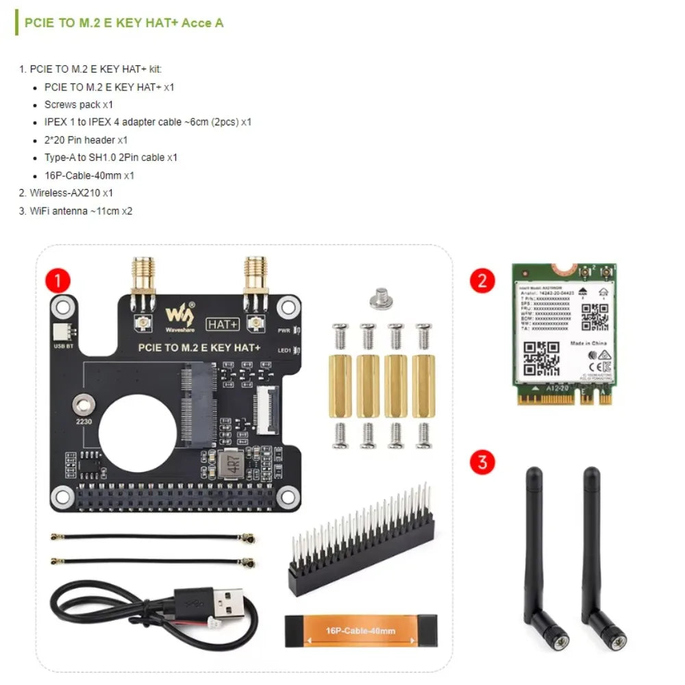 PCIe To M.2 E KEY HAT for Raspberry Pi 5,Compatible With NGFF (M.2 E Key) Wireless NIC,Supports USB BT Connection