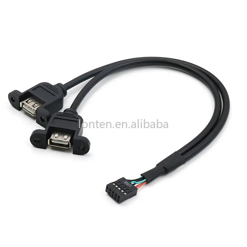 Custom Custom Motherboard Internal 9pin Pitch 2.54mm to Dual Port USB 2.0 A Female Screw Lock Panel Mount Cable 30cm Manufacturer
