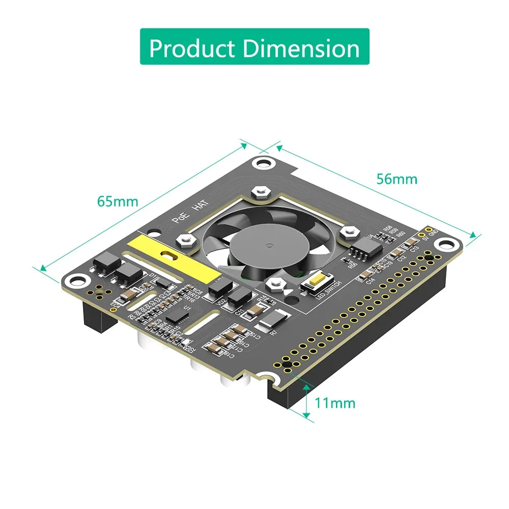 PoE HAT for Raspberry Pi 5 With Cooling Fan/Computer Module 5 With Automatic Discoloration LED Power Over Ethernet 5V 5A 25W