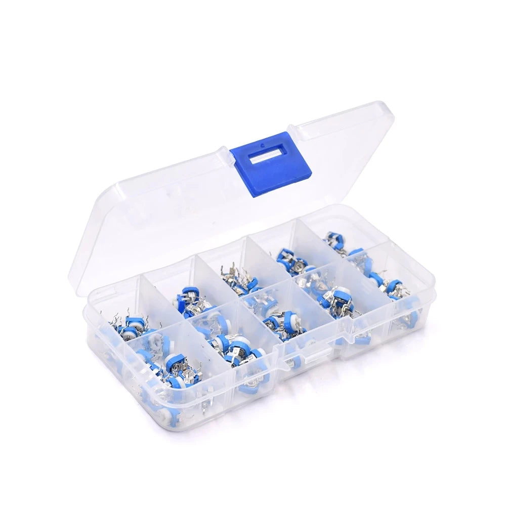 Custom Wholesale 100Pcs/Box RM065 Carbon Film Horizontal Trimpot Potentiometer Assortment Kit 10 Values Variable Resistor 500R - 1M Manufacturer