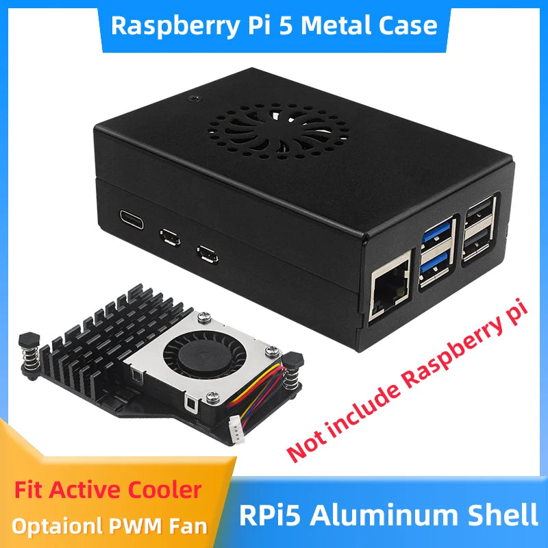 Raspberry Pi 5 Aluminum Alloy Case Black Optional Active Cooler Speed Adjustable PWN Fan PD 27W Power Supply