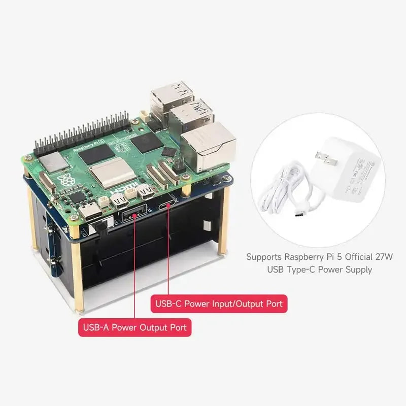 Raspberry Pi 5 UPS HAT (E) 5V 6A Output Uninterruptible Power Supply Supports 21700 Li batteries (NOT Included)