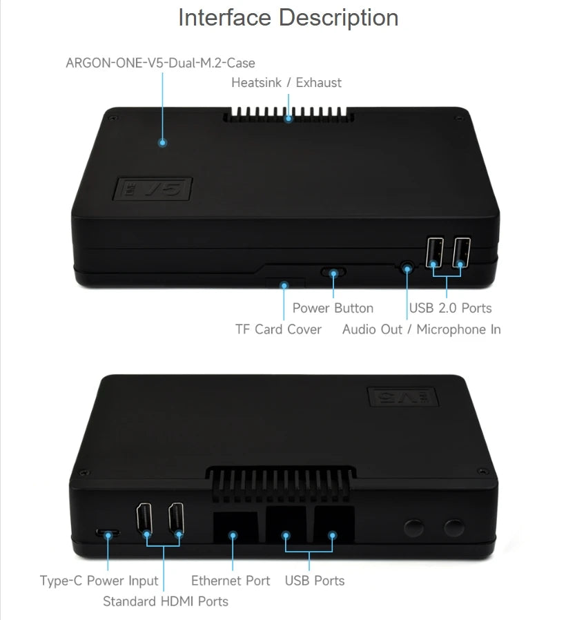 ARGON ONE V5 Case for Raspberry Pi 5 Dual M.2 NVMe PCIe Slots Aluminum Alloy Built-in Cooling Fan