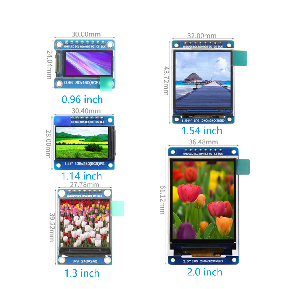 TFT Display 0.96 1.3 1.14 1.54 2.0 inch IPS 7P SPI HD 65K Full Color LCD Module ST7735 / ST7789 Drive IC 80*160 240*240 Custom