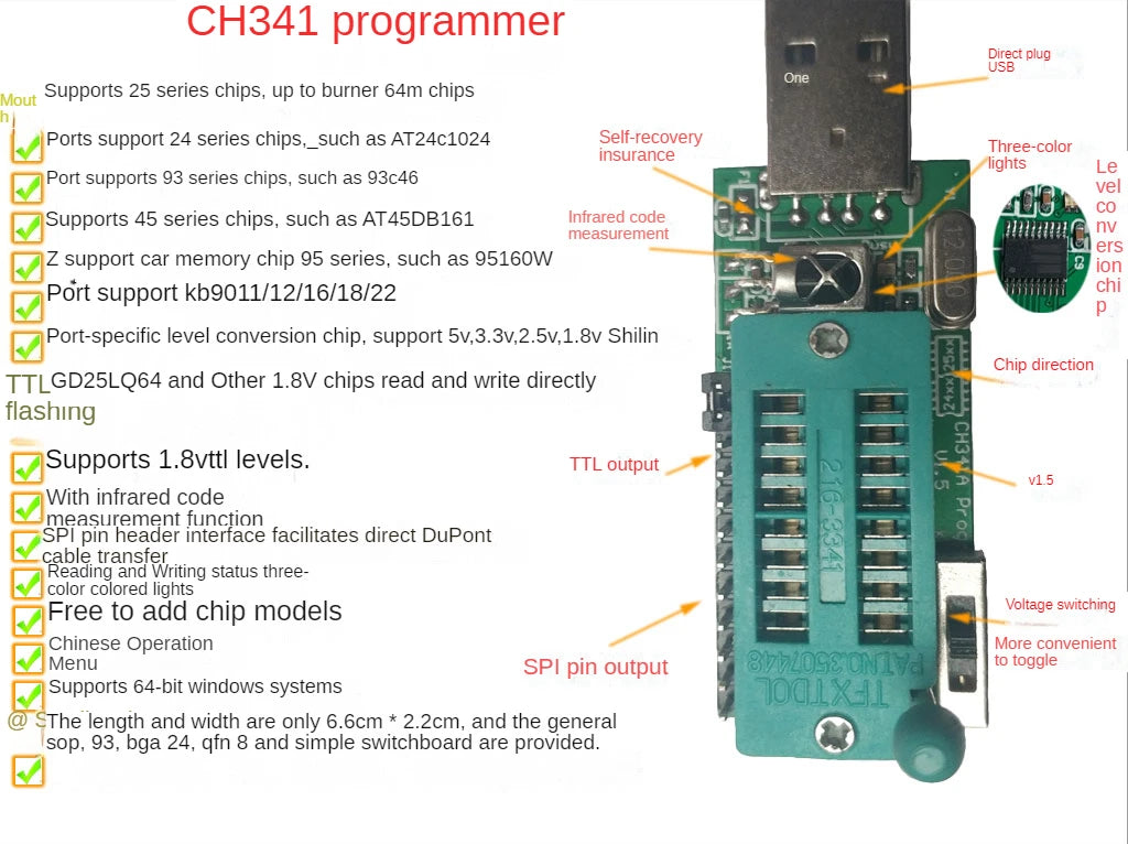 CH341A Programmeer Module V1.7 – Met 1.8V Level Shift, Voor 24/25/93/45/95 Chips