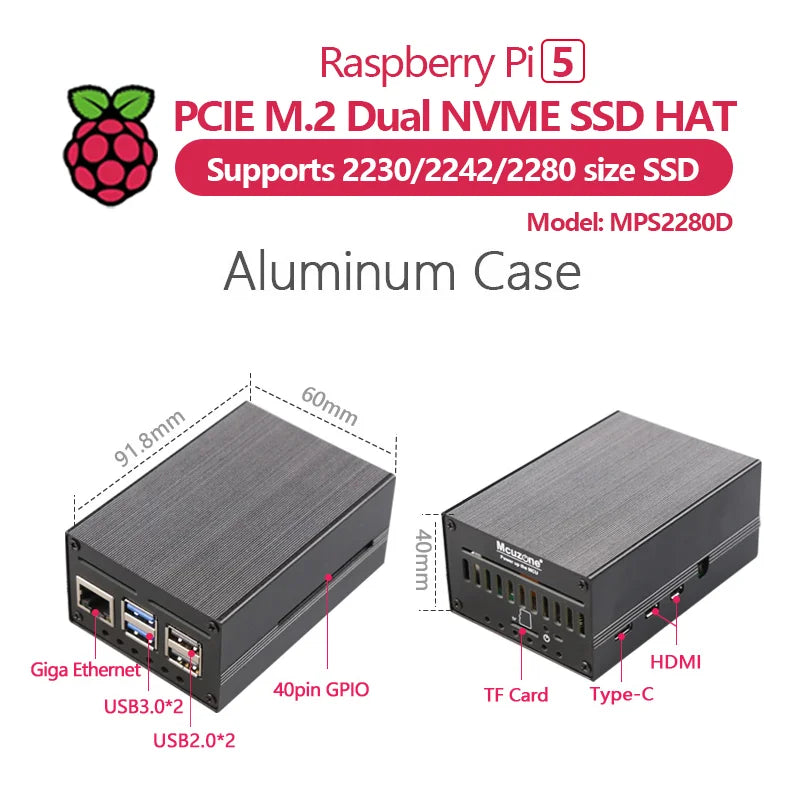 MPS2280D Raspberry Pi 5 Educational PCIE M.2 Dual NVME SSD HAT Support 2280/2242/2230 SSD