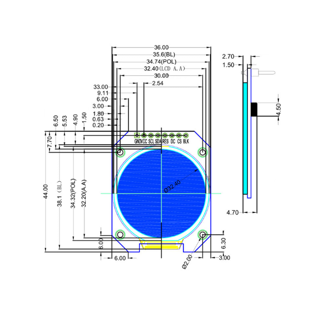 1.28 inch round TFT LCD screen display 128*128 RGB screen SPI interface GC9A01 driver 32.4mm 8Pin Custom