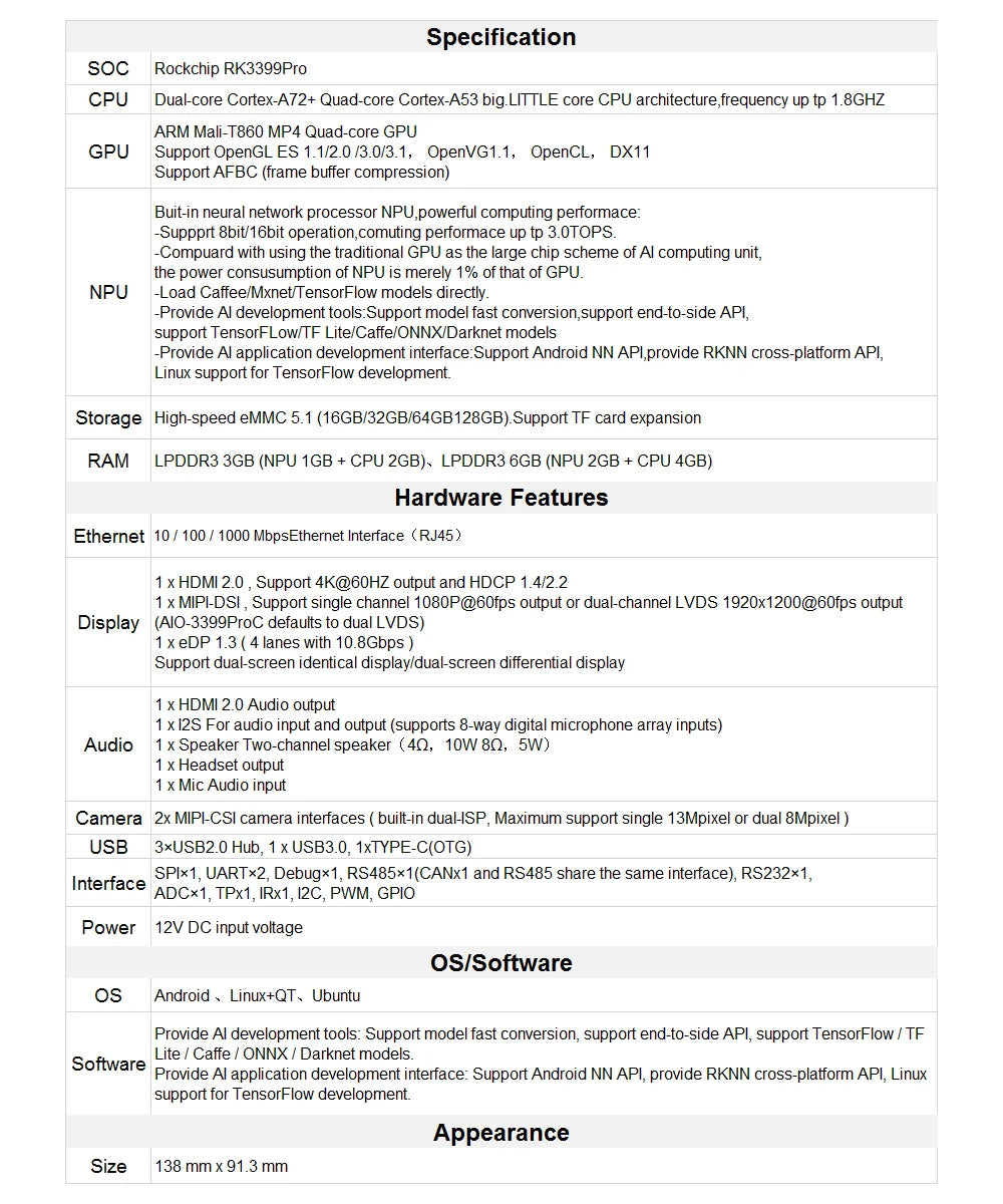 Custom Firefly AIO-3399ProC RK3399Pro Single Board Computer for Aiot Cortex-A72 Cortex-A53 LPDDR3 Linux+QT/Android/Ubuntu sbc Manufacturer
