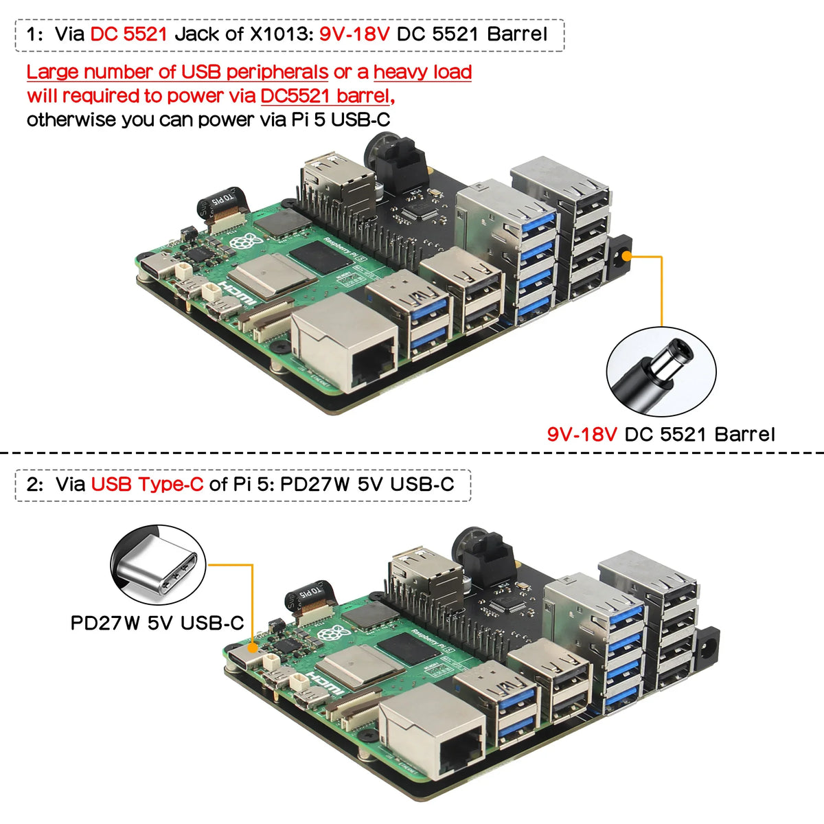 X1013 PCIe to 10-port USB HUB Shield for Raspberry Pi 5