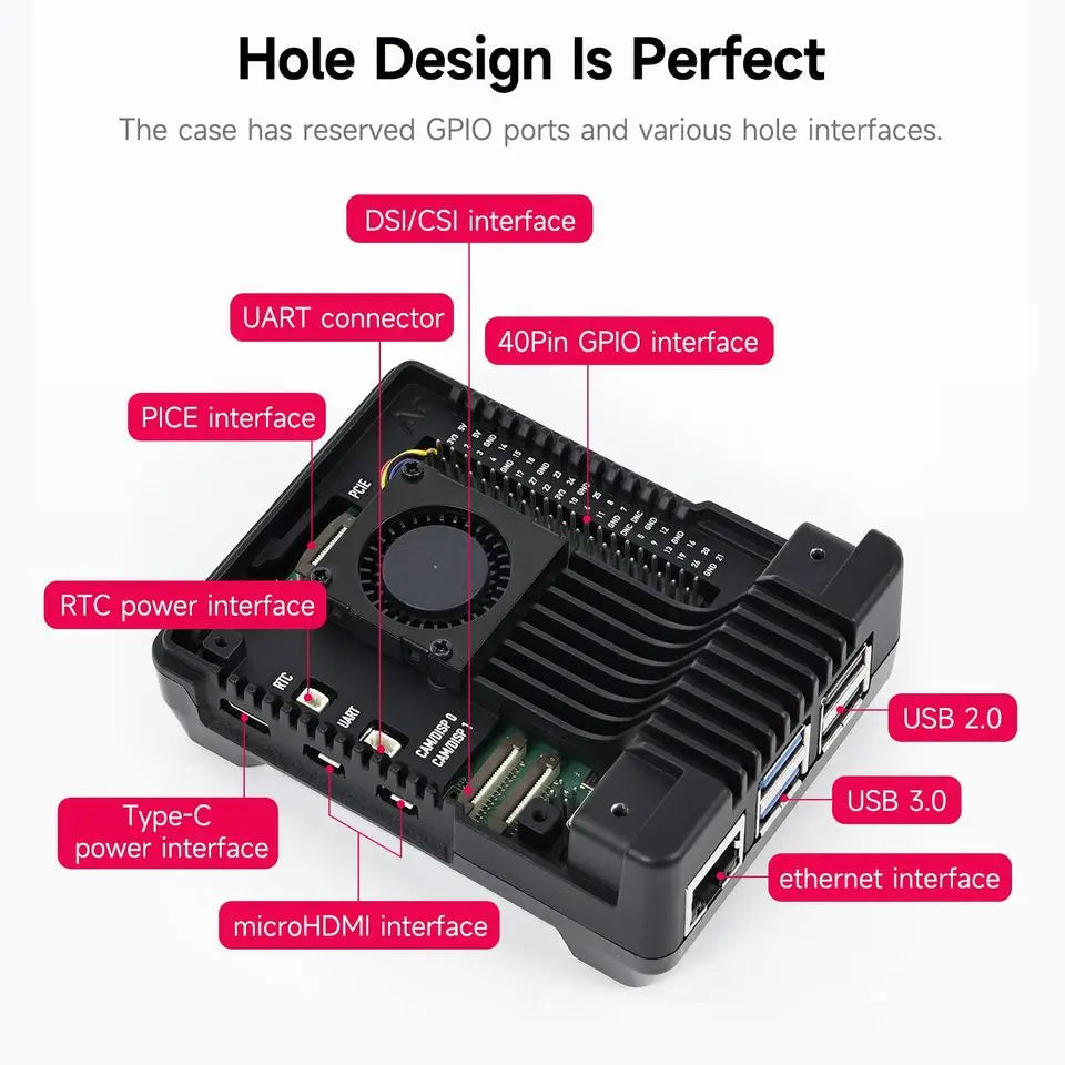 Raspberry Pi 5 Aluminum Alloy Case with Built-in 30mm PWM Cooling Fan Exhaust Vent M.2 Support