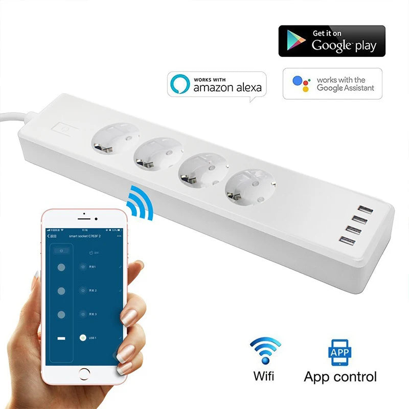 Custom Lonten Wifi Smart Power Strip 4 EU Outlets Plug with 4 USB Charging Port Timing App Voice Control Work with Alexa Google Home As Manufacturer