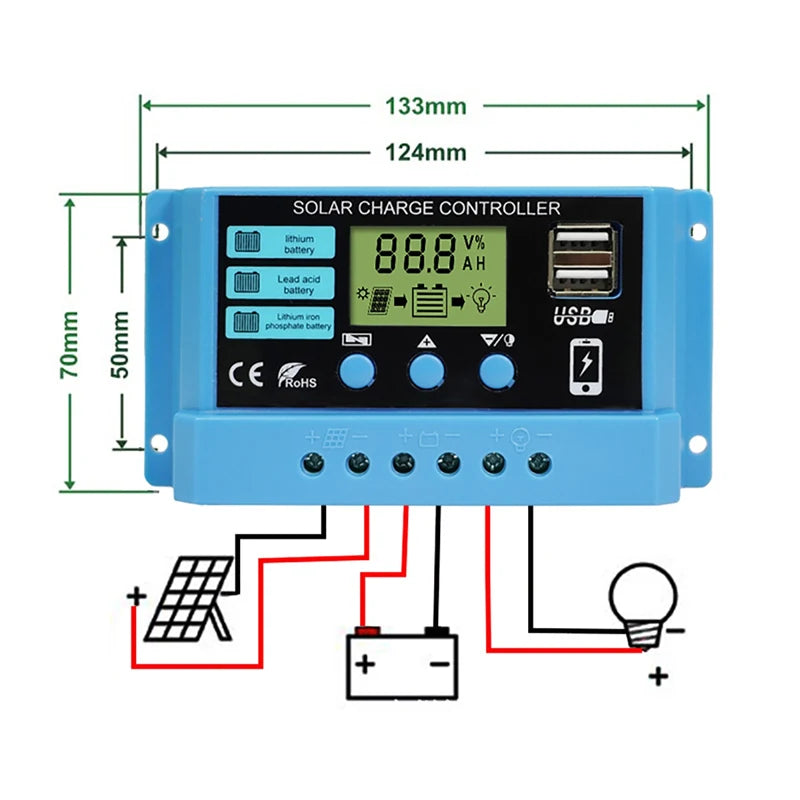 Custom New PWM 10A 20A 30A Solar charging controller Automatic 12V 24V PV Regulator Dual USB compatible Lifepo4 Lithium gel lead acid Manufacturer