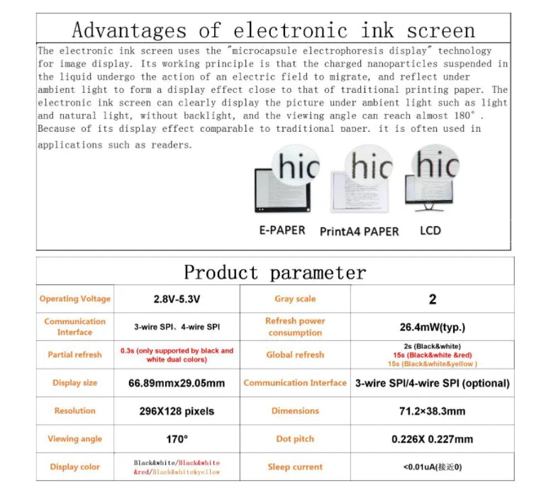 Custom 2.9 Inch Epaper Module E-Paper E-Ink EInk Display Screen SPI Support For Arduin0 STM32 Raspberry PI ESP32 Manufacturer