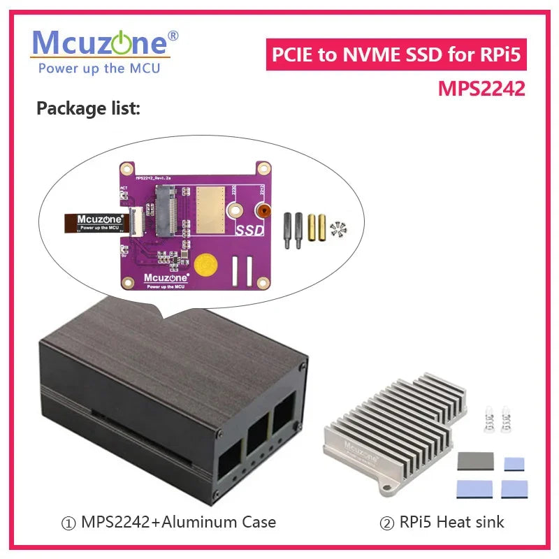 MPS2242 , PCIE M.2 NVME SSD HAT for Raspberry Pi 5, Support 2230 2242  Gen3 Custom