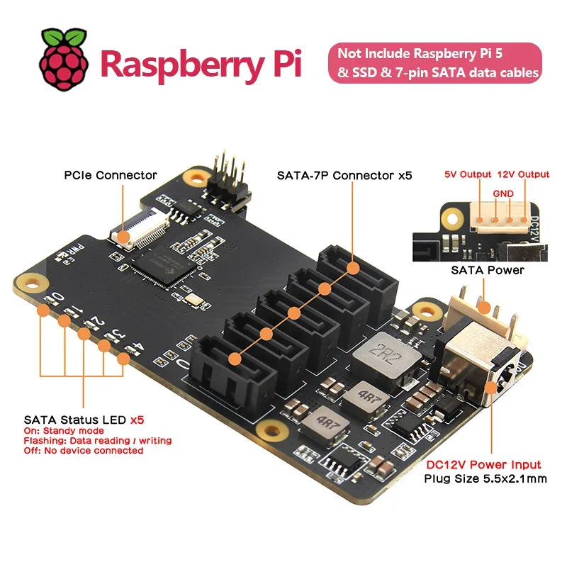 Custom X1009 PCIe To 5-Port SATA Shield for Raspberry Pi 5 (NOT Support Boot From HDD/SSD) Custom