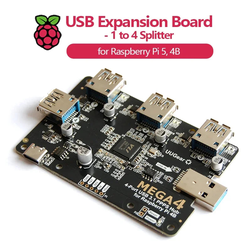 MEGA4: 4-PORT USB 3.1 PPPS HUB FOR RASPBERRY PI 5, 4B Custom