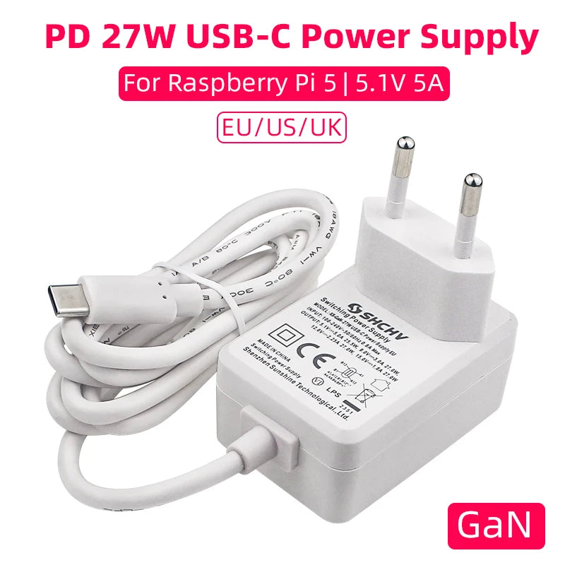Raspberry Pi 5 5.1V 5A PD 27W USB-C GaN Plug-in Power Supply with EU/US/UK Plugs for Raspberry Pi 5/4B