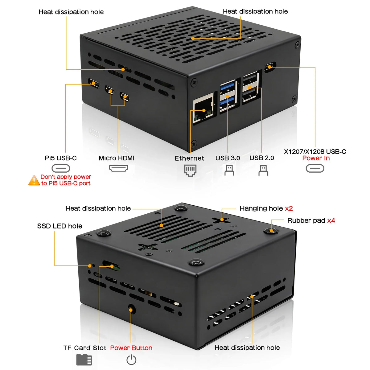 X1207-C1 Metal Case Compatible with X1207 / X1208 UPS HAT & Raspberry Pi 5 & Official Cooler