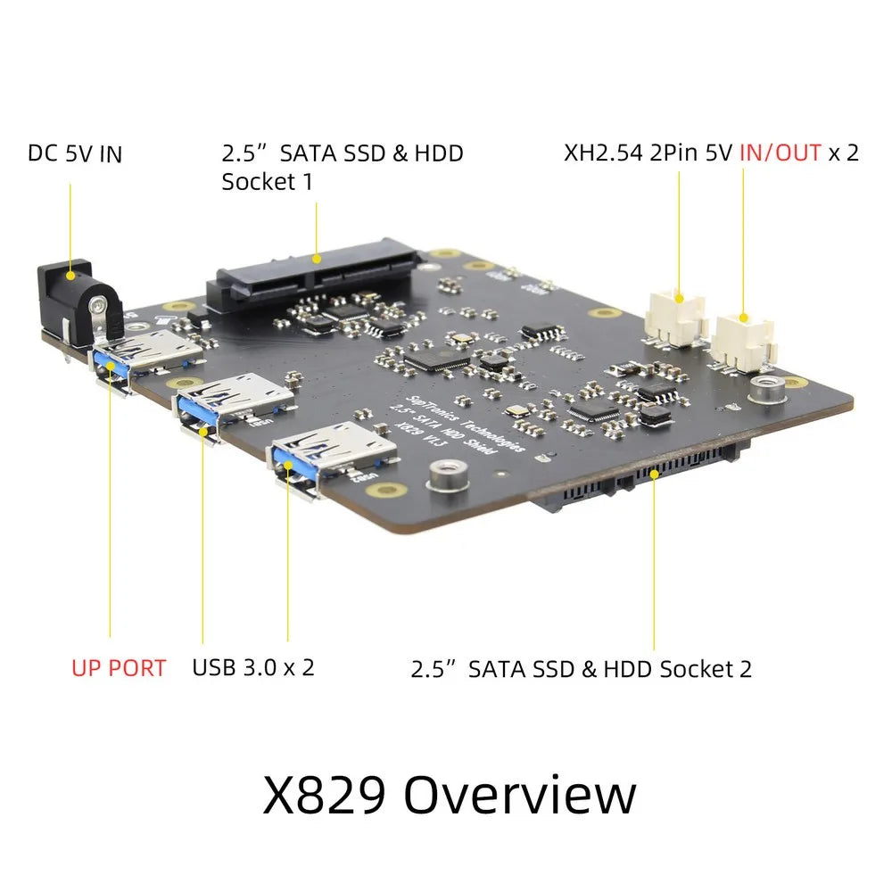 Custom Raspberry Pi X829 Dual 2.5" SATA HDD/SSD Shield + X708 UPS HAT & Power Management Board for Raspberry Pi 4 Model B Manufacturer