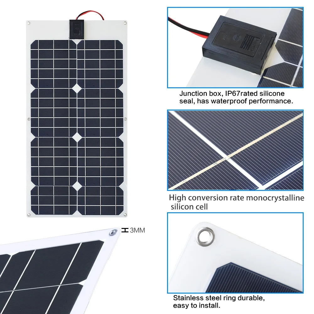 Custom 18V 30W Flexible Solar Panel Kit with 10A 12V/24V Charge Controller and 5W 12V LED Light Outdoor Camping Solar Power Generation Manufacturer