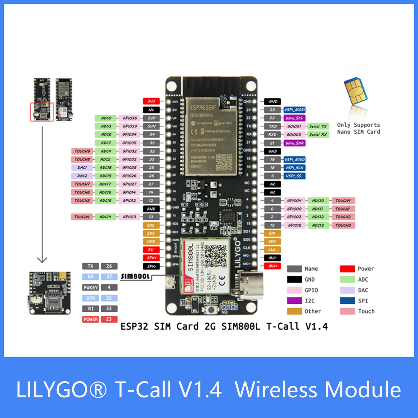 Custom Custom TTGO T-Call V1.4 / V1.5  ESP32 Wireless Module SIM Antenna SIM Card SIM800L Module Manufacturer